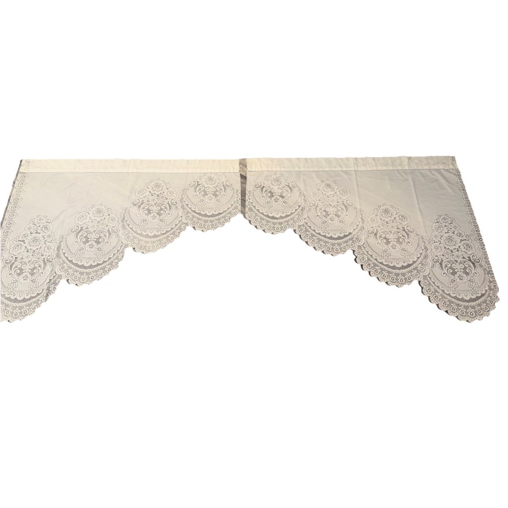 Set 2 Off White Lace Floral Sheen Valance Curtain Cottage 37X31 Ea 74 In Total